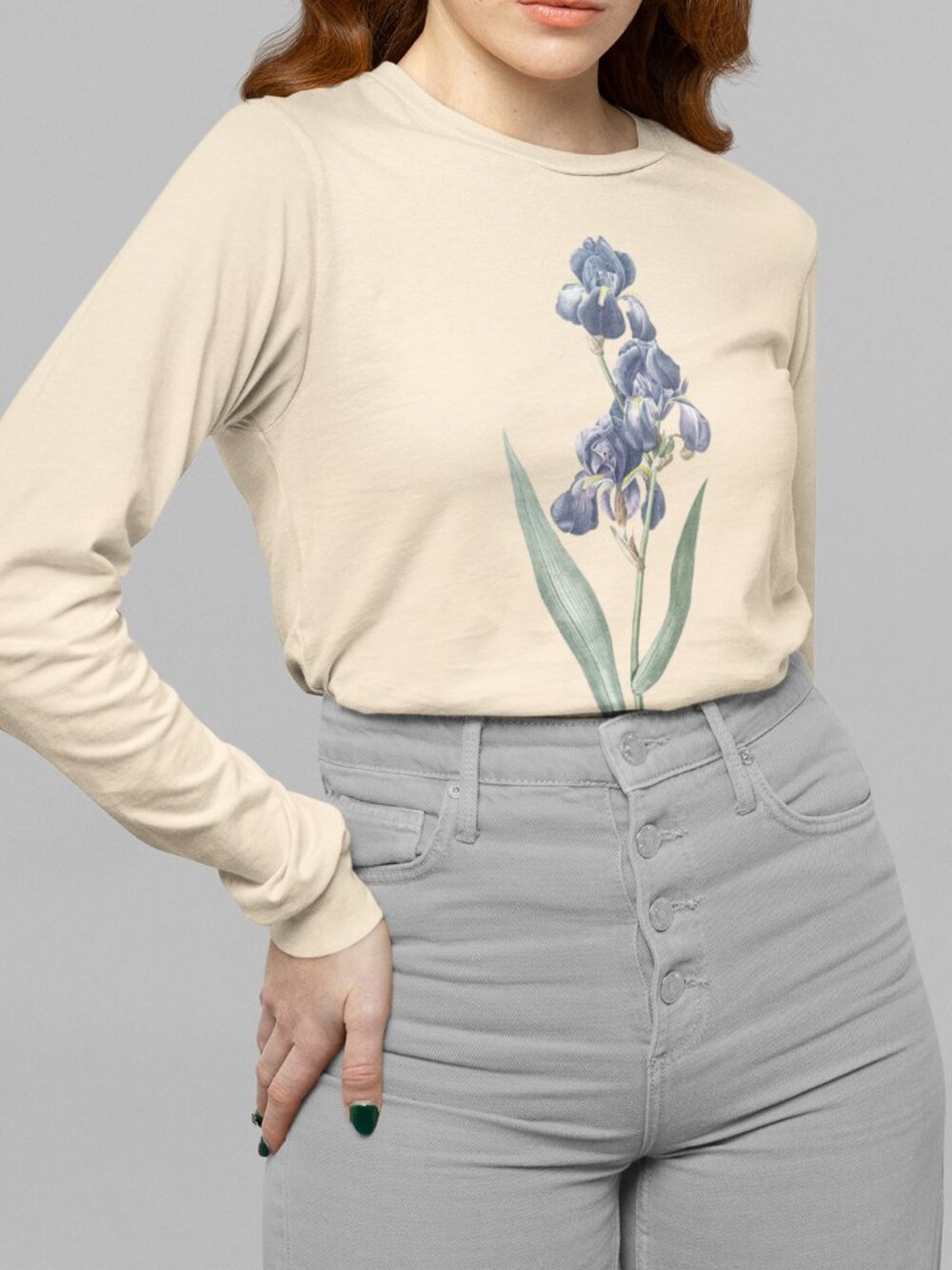 Dalmatian Iris Vintage Floral Print Long Sleeve Graphic Tee T-shirt S-XXL